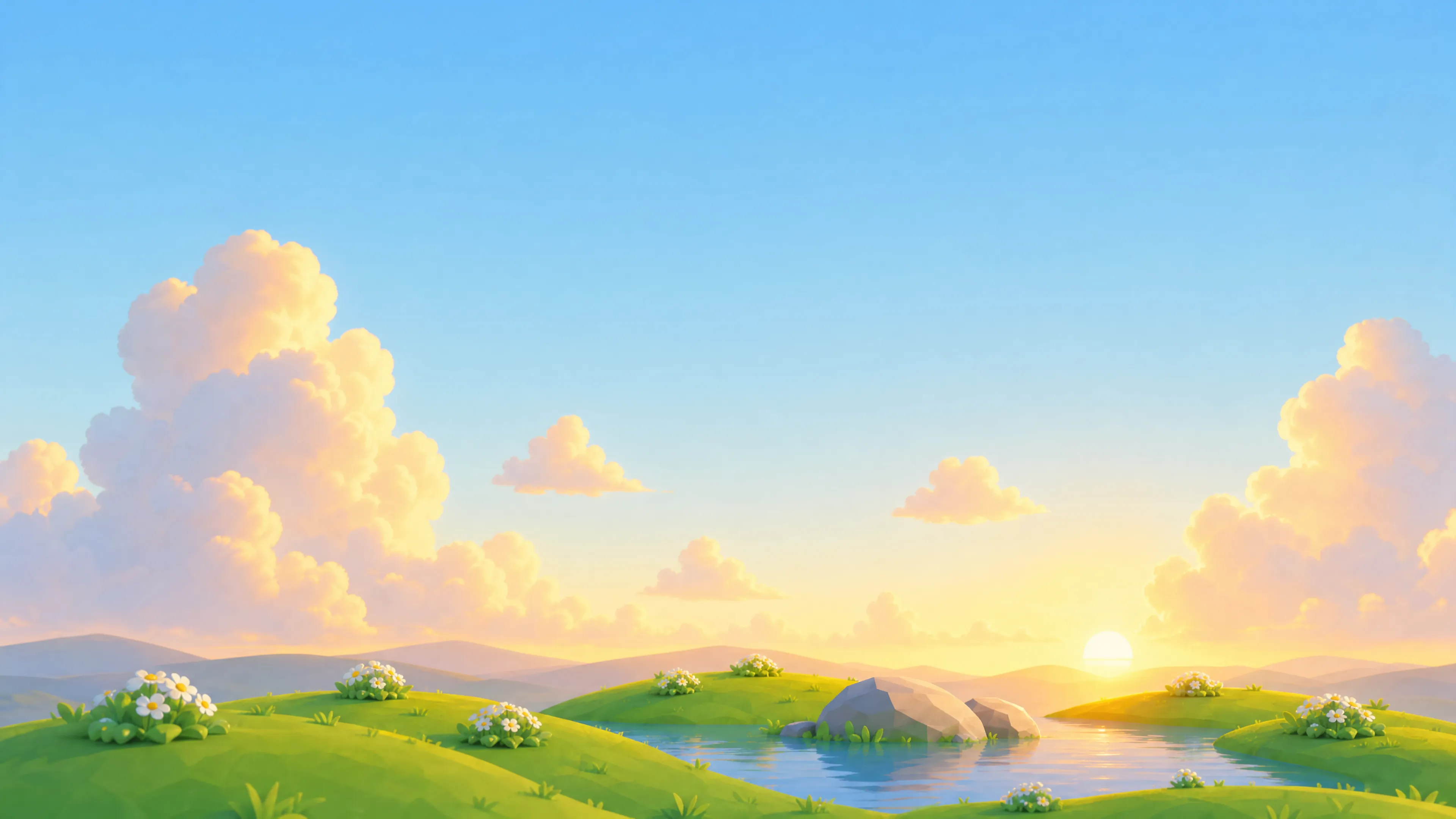 The sun rising over grassy hills and a pond, under big soft clouds